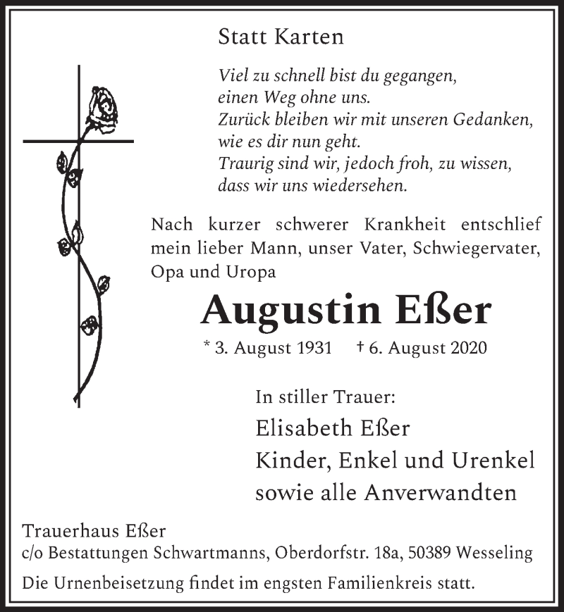  Traueranzeige für Augustin Eßer vom 14.08.2020 aus  Kölner Wochenspiegel 