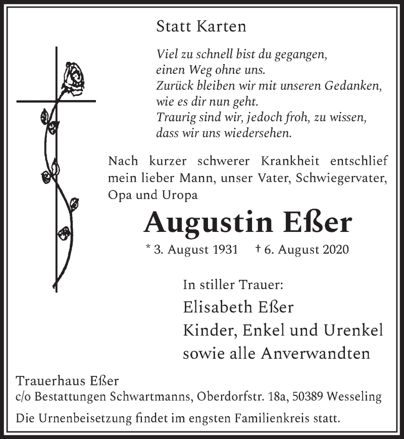  Traueranzeige für Augustin Eßer vom 28.08.2020 aus  Kölner Wochenspiegel 