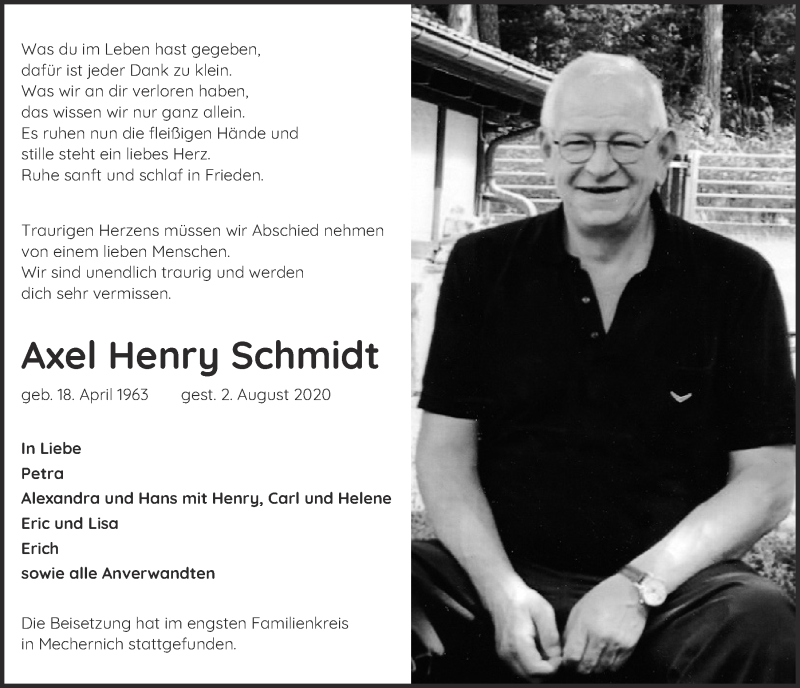  Traueranzeige für Axel Henry Schmidt vom 15.08.2020 aus  Blickpunkt Euskirchen 