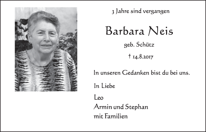  Traueranzeige für Barbara Neis vom 21.08.2020 aus  Schlossbote/Werbekurier 