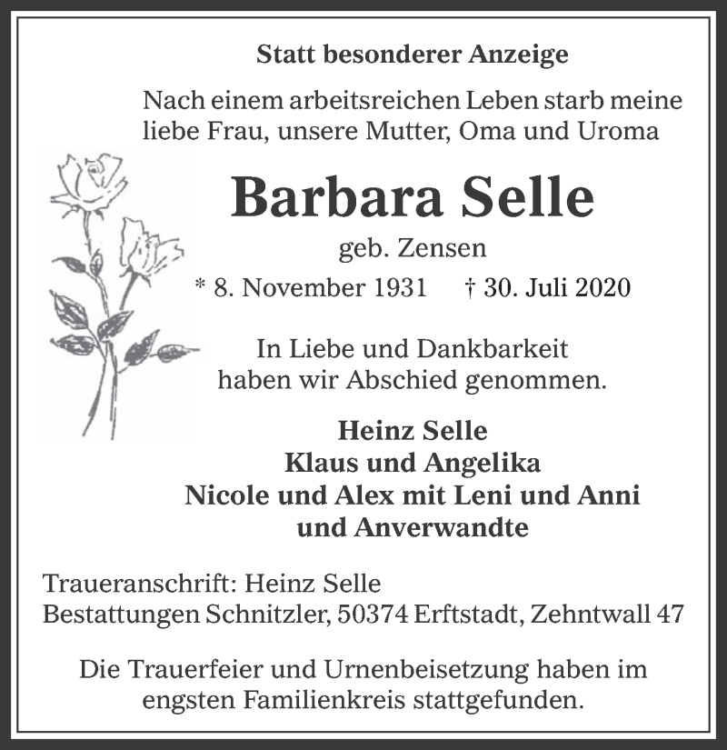  Traueranzeige für Barbara Selle vom 14.08.2020 aus  Werbepost 