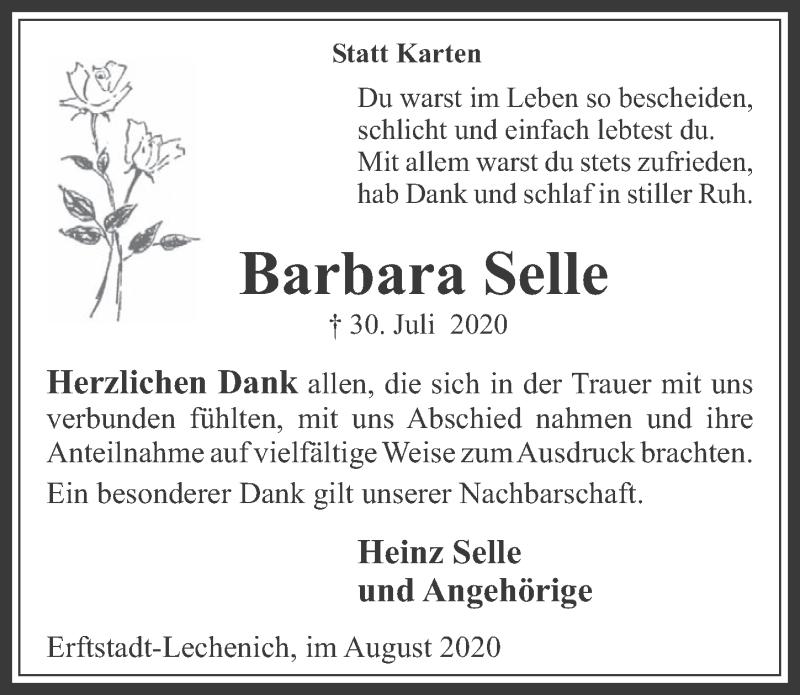  Traueranzeige für Barbara Selle vom 28.08.2020 aus  Werbepost 