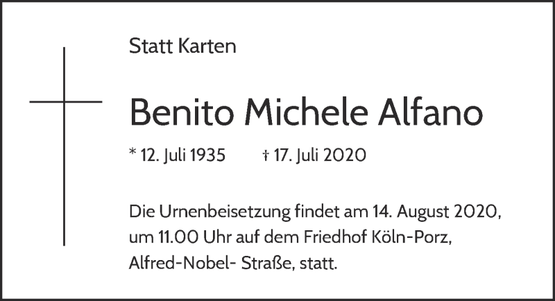  Traueranzeige für Benito Michele Alfano vom 07.08.2020 aus  Kölner Wochenspiegel 