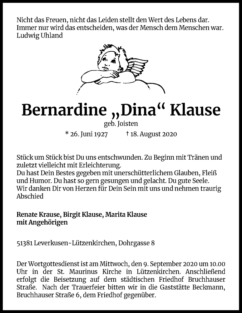  Traueranzeige für Bernardine Klause vom 29.08.2020 aus Kölner Stadt-Anzeiger / Kölnische Rundschau / Express