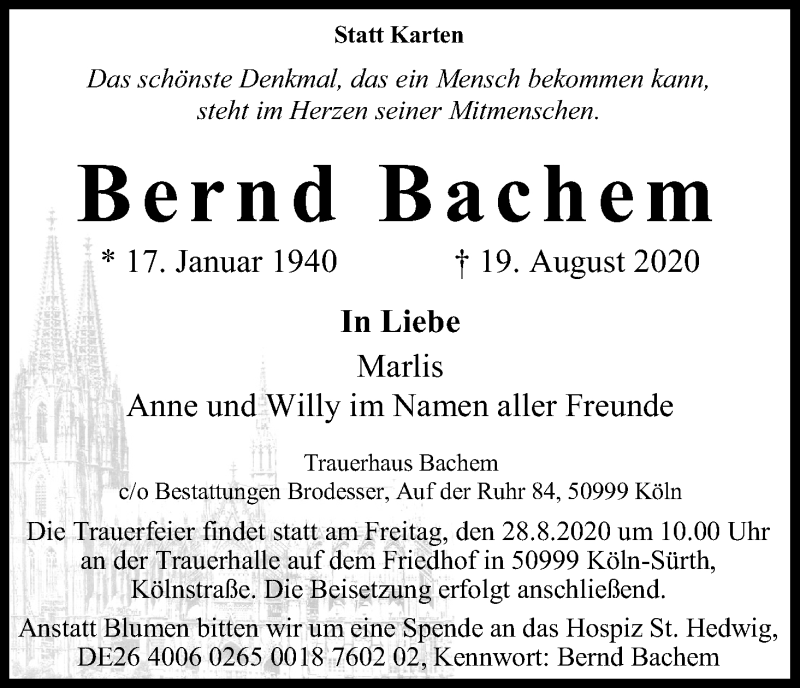  Traueranzeige für Bernd Bachem vom 22.08.2020 aus Kölner Stadt-Anzeiger / Kölnische Rundschau / Express