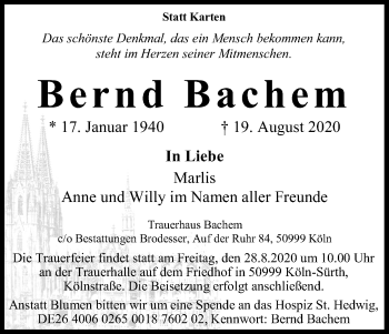 Anzeige von Bernd Bachem von Kölner Stadt-Anzeiger / Kölnische Rundschau / Express