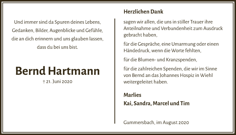  Traueranzeige für Bernd Hartmann vom 14.08.2020 aus  Anzeigen Echo 