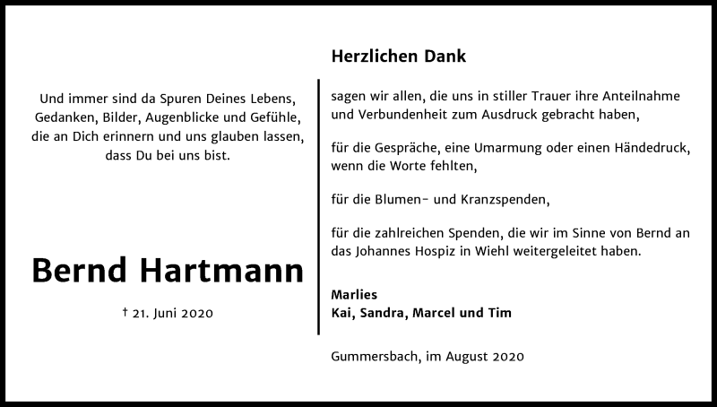  Traueranzeige für Bernd Hartmann vom 15.08.2020 aus Kölner Stadt-Anzeiger / Kölnische Rundschau / Express
