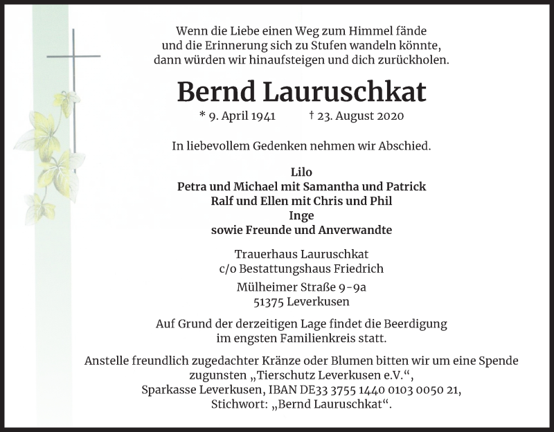  Traueranzeige für Bernd Lauruschkat vom 29.08.2020 aus Kölner Stadt-Anzeiger / Kölnische Rundschau / Express