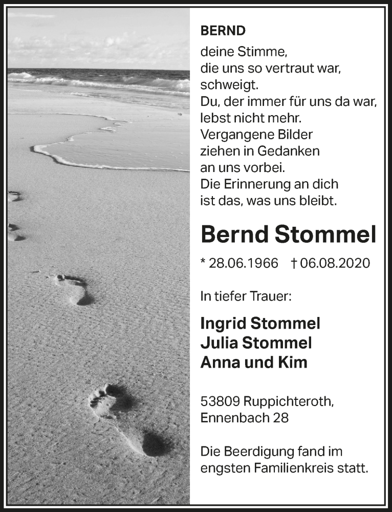  Traueranzeige für Bernd Stommel vom 14.08.2020 aus  Lokalanzeiger 