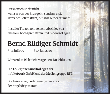 Anzeige von Bernd Rüdiger Schmidt von Kölner Stadt-Anzeiger / Kölnische Rundschau / Express