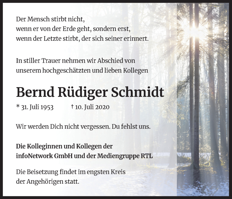  Traueranzeige für Bernd Rüdiger Schmidt vom 01.08.2020 aus Kölner Stadt-Anzeiger / Kölnische Rundschau / Express