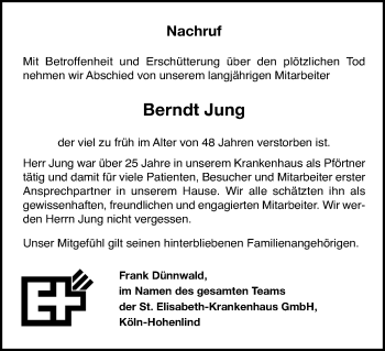 Anzeige von Berndt Jung von Kölner Stadt-Anzeiger / Kölnische Rundschau / Express
