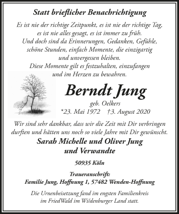 Anzeige von Berndt Jung von  Wochenende 