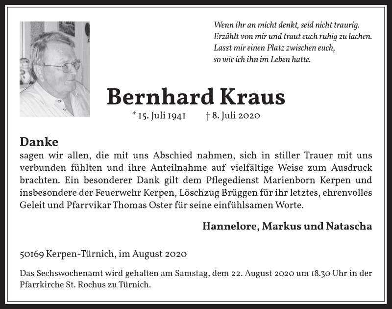  Traueranzeige für Bernhard Kraus vom 14.08.2020 aus  Werbepost 
