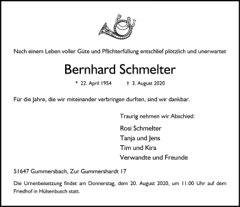 Anzeige von Bernhard Schmelter von  Anzeigen Echo 