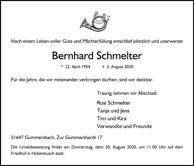  Traueranzeige für Bernhard Schmelter vom 14.08.2020 aus  Anzeigen Echo 