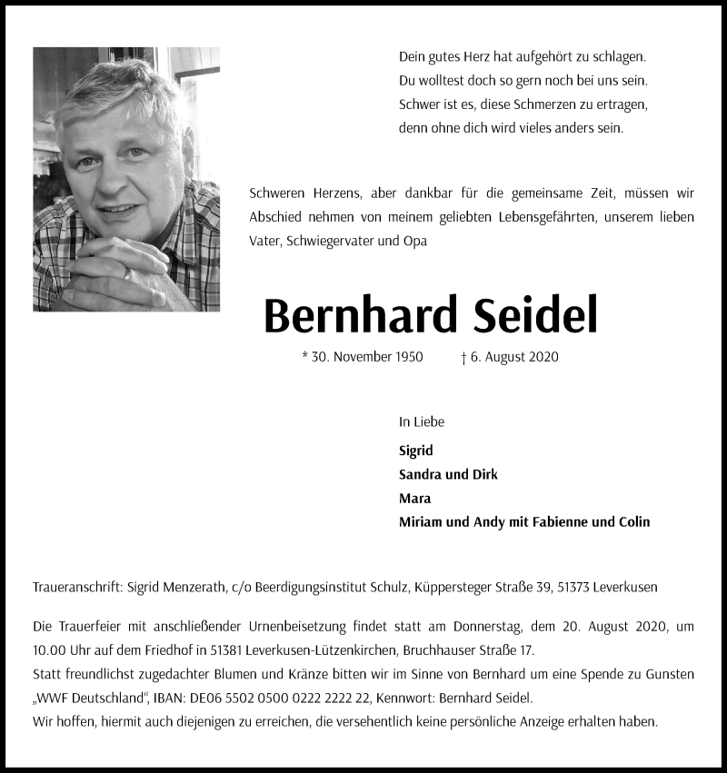  Traueranzeige für Bernhard Seidel vom 15.08.2020 aus Kölner Stadt-Anzeiger / Kölnische Rundschau / Express