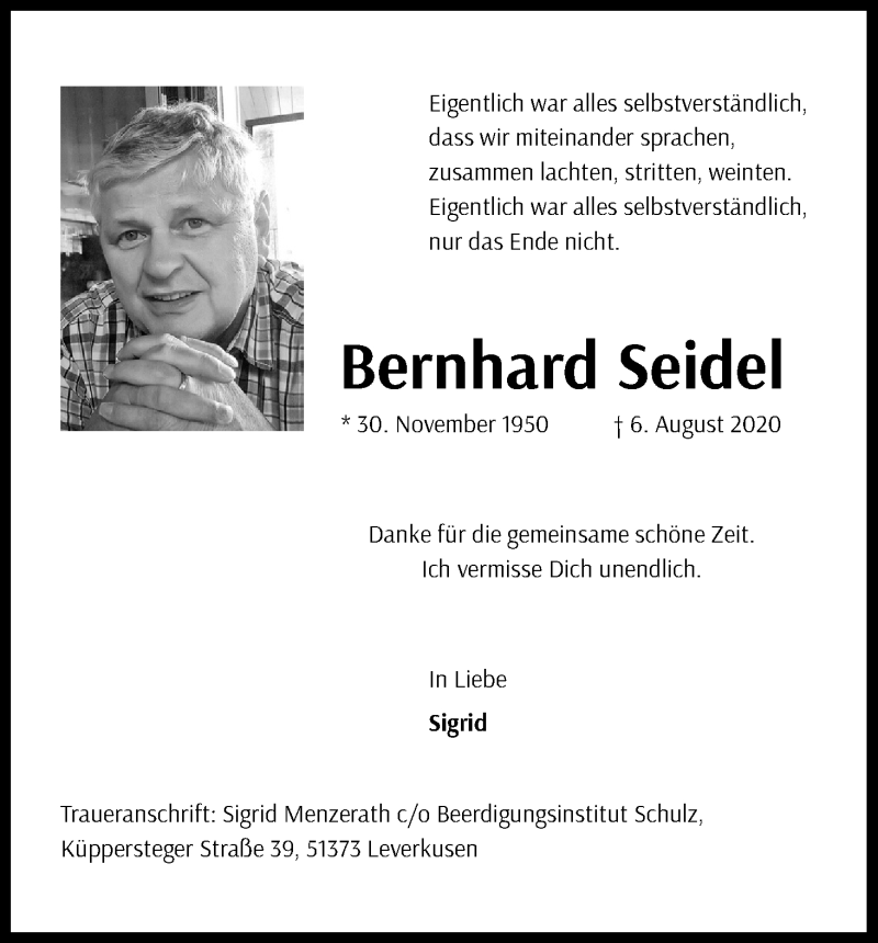  Traueranzeige für Bernhard Seidel vom 15.08.2020 aus Kölner Stadt-Anzeiger / Kölnische Rundschau / Express