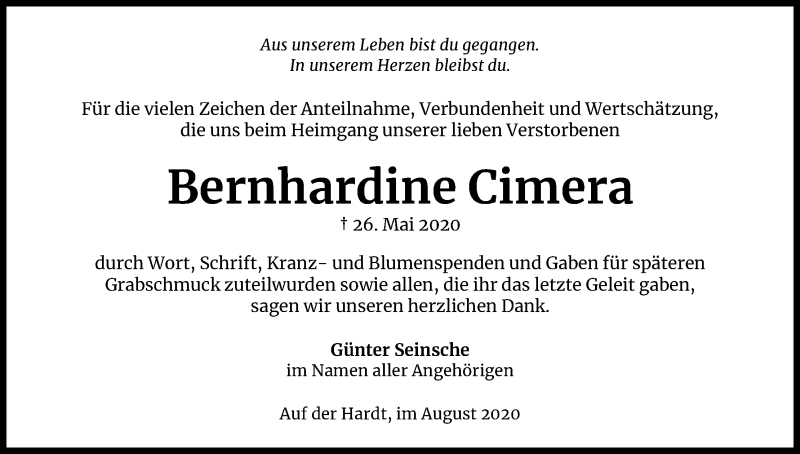  Traueranzeige für Bernhardine Cimera vom 08.08.2020 aus Kölner Stadt-Anzeiger / Kölnische Rundschau / Express