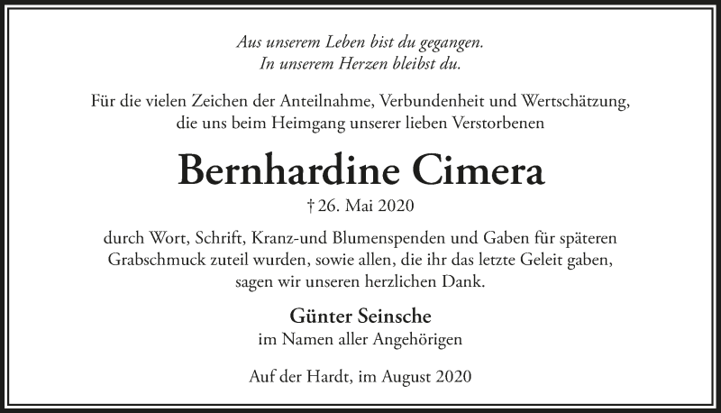  Traueranzeige für Bernhardine Cimera vom 07.08.2020 aus  Lokalanzeiger 