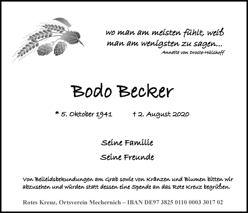  Traueranzeige für Bodo Becker vom 08.08.2020 aus  Blickpunkt Euskirchen 