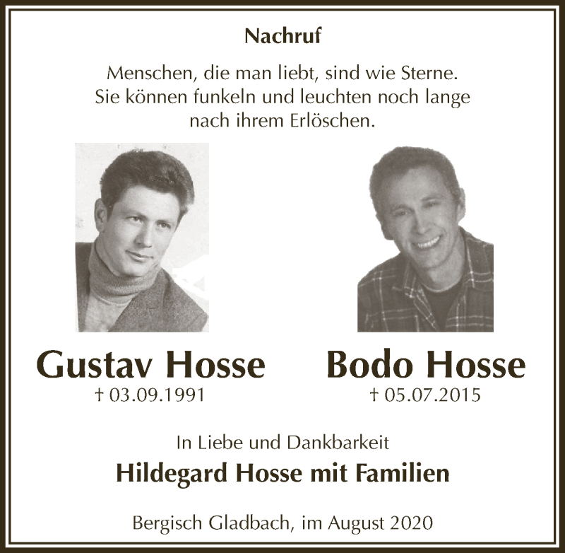  Traueranzeige für Bodo Hosse vom 28.08.2020 aus  Bergisches Handelsblatt 
