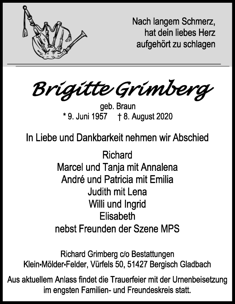  Traueranzeige für Brigitte Grimberg vom 22.08.2020 aus Kölner Stadt-Anzeiger / Kölnische Rundschau / Express