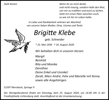 Anzeige von Brigitte Klebe von Kölner Stadt-Anzeiger / Kölnische Rundschau / Express