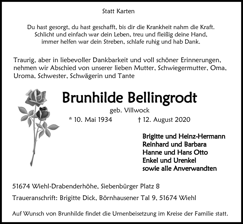  Traueranzeige für Brunhilde Bellingrodt vom 18.08.2020 aus Kölner Stadt-Anzeiger / Kölnische Rundschau / Express