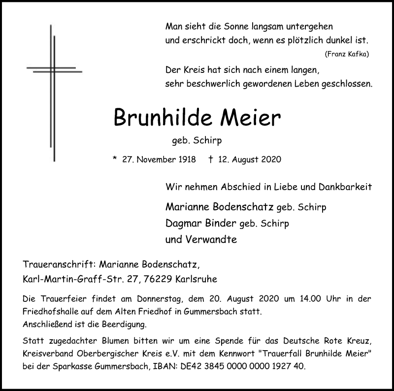  Traueranzeige für Brunhilde Meier vom 15.08.2020 aus Kölner Stadt-Anzeiger / Kölnische Rundschau / Express