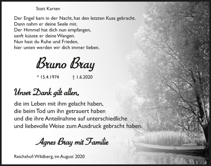  Traueranzeige für Bruno Bray vom 07.08.2020 aus  Lokalanzeiger 