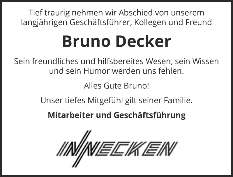  Traueranzeige für Bruno Decker vom 22.08.2020 aus  Blickpunkt Euskirchen 