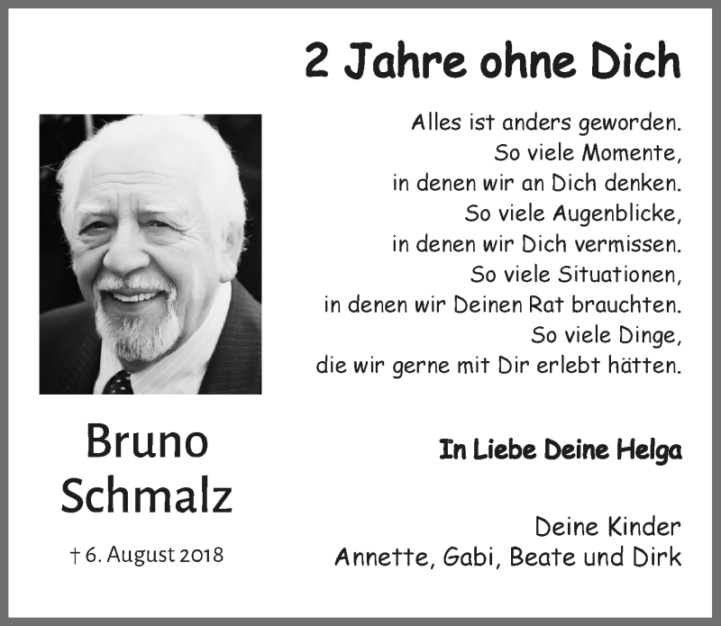  Traueranzeige für Bruno Schmalz vom 07.08.2020 aus  Anzeigen Echo 