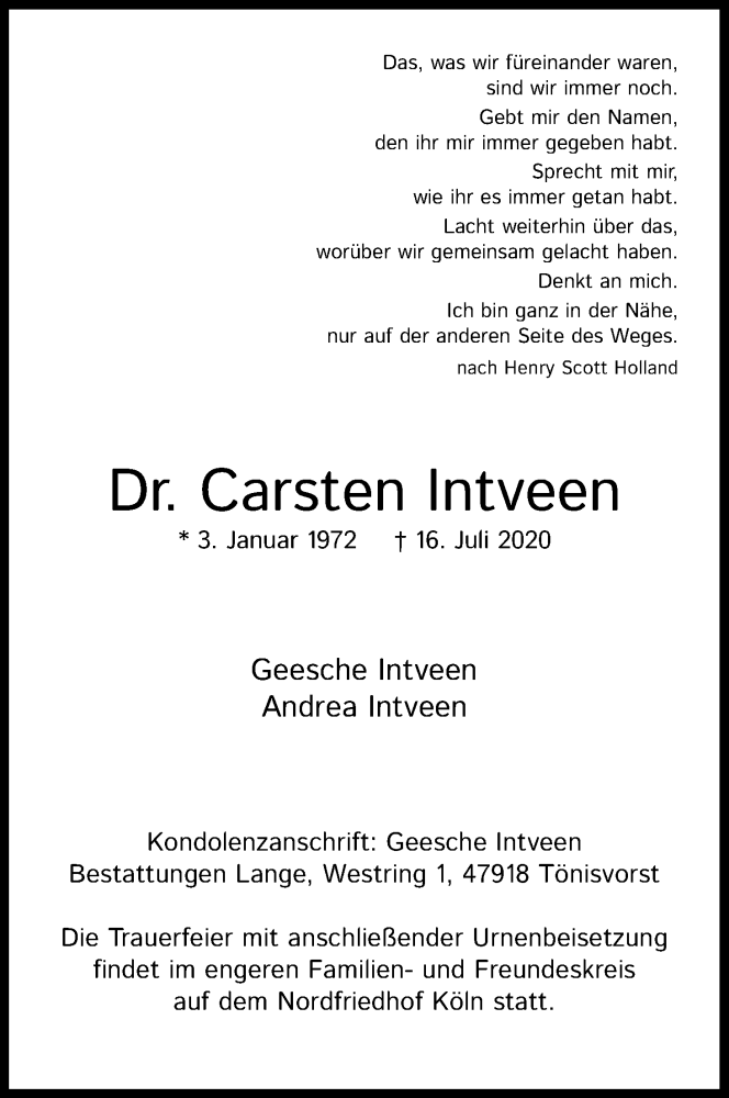  Traueranzeige für Carsten Intveen vom 01.08.2020 aus Kölner Stadt-Anzeiger / Kölnische Rundschau / Express