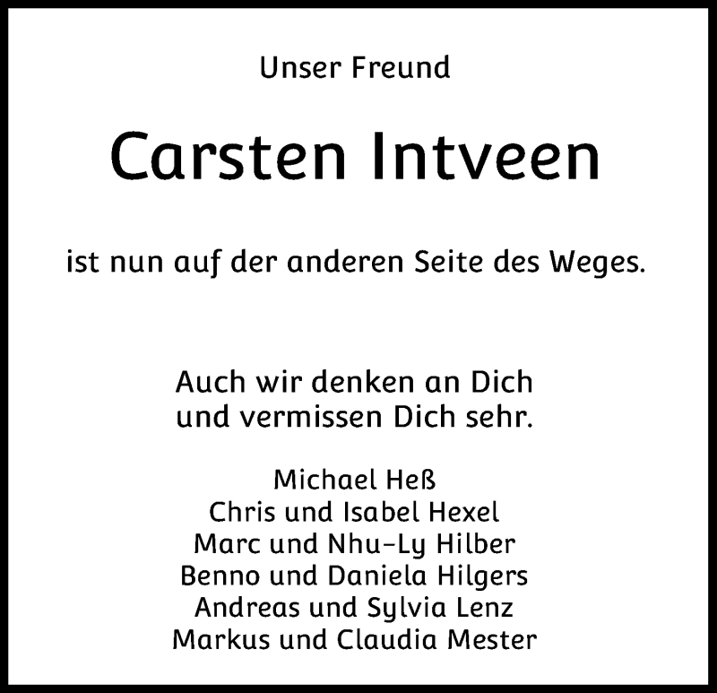  Traueranzeige für Carsten Intveen vom 01.08.2020 aus Kölner Stadt-Anzeiger / Kölnische Rundschau / Express