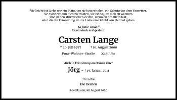 Anzeige von Carsten Lange von Kölner Stadt-Anzeiger / Kölnische Rundschau / Express