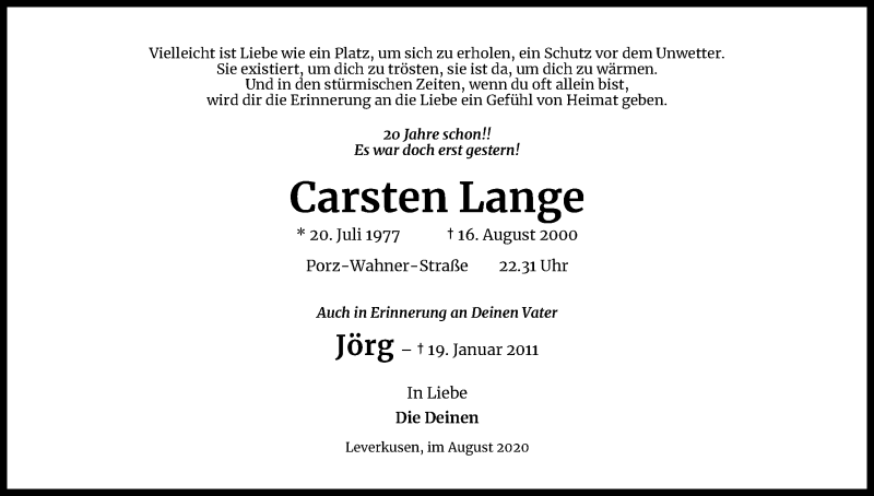  Traueranzeige für Carsten Lange vom 15.08.2020 aus Kölner Stadt-Anzeiger / Kölnische Rundschau / Express