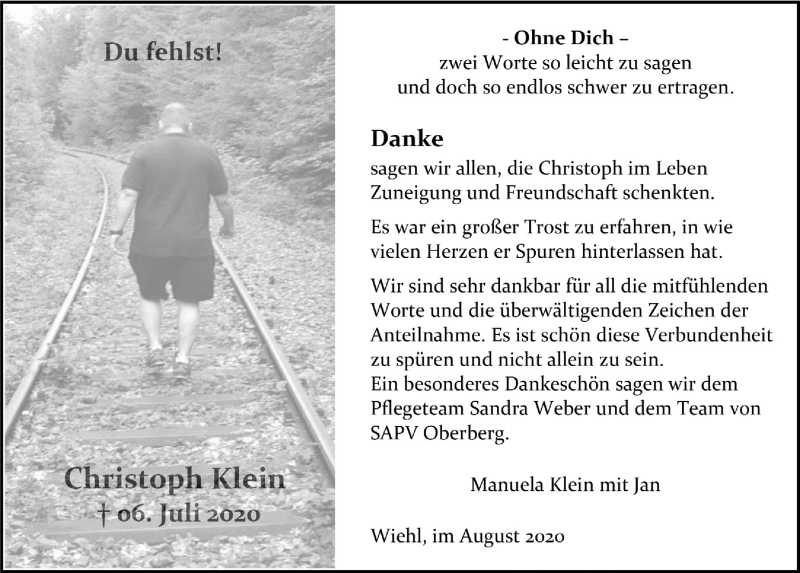  Traueranzeige für Chrisoph Klein vom 21.08.2020 aus  Anzeigen Echo 