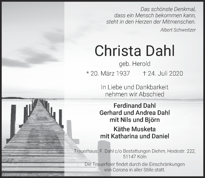  Traueranzeige für Christa Dahl vom 07.08.2020 aus  Bergisches Handelsblatt 