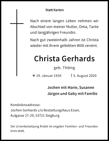 Anzeige von Christa Gerhards von Kölner Stadt-Anzeiger / Kölnische Rundschau / Express