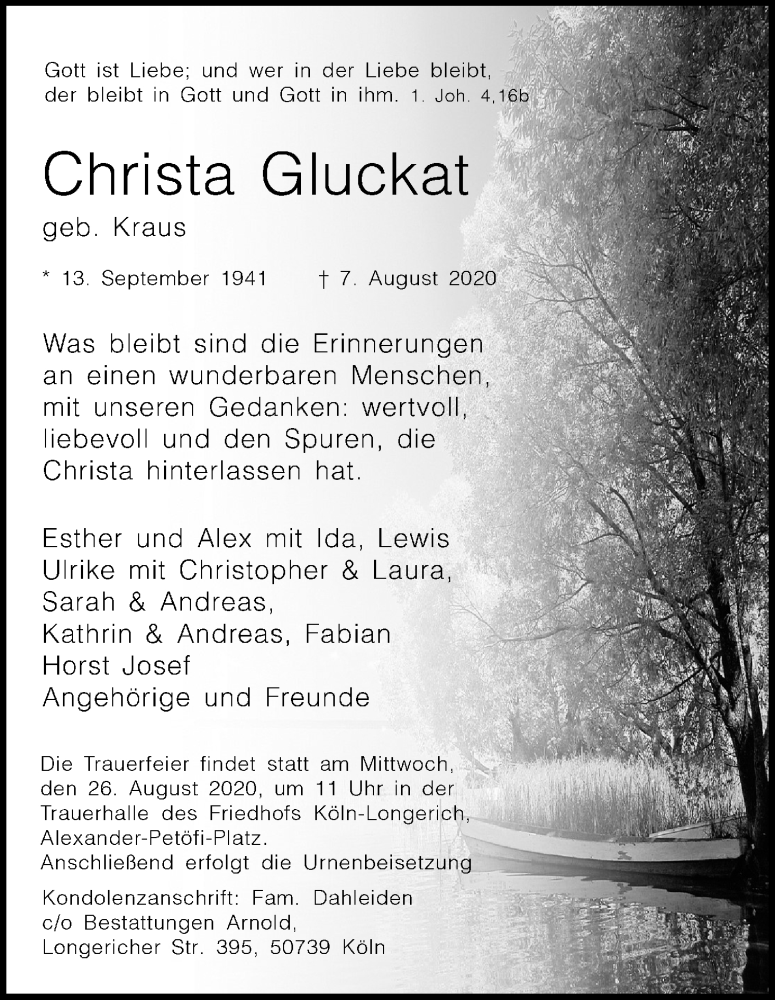  Traueranzeige für Christa Gluckat vom 15.08.2020 aus Kölner Stadt-Anzeiger / Kölnische Rundschau / Express