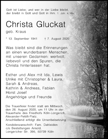 Anzeige von Christa Gluckat von Kölner Stadt-Anzeiger / Kölnische Rundschau / Express