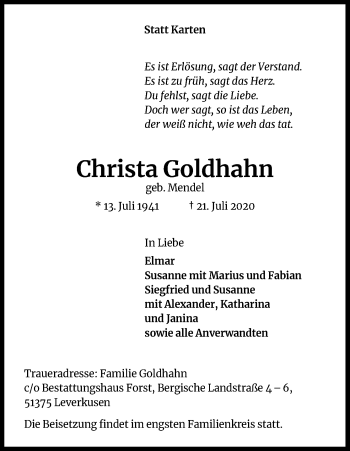 Anzeige von Christa Goldhahn von Kölner Stadt-Anzeiger / Kölnische Rundschau / Express