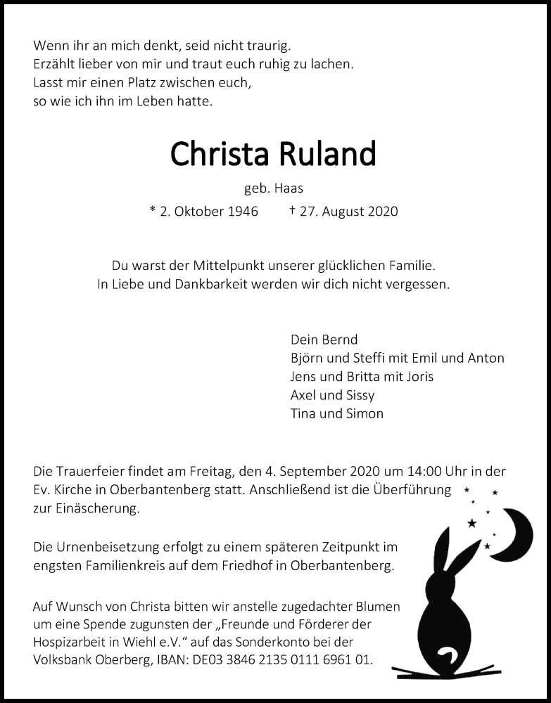  Traueranzeige für Christa Ruland vom 01.09.2020 aus Kölner Stadt-Anzeiger / Kölnische Rundschau / Express