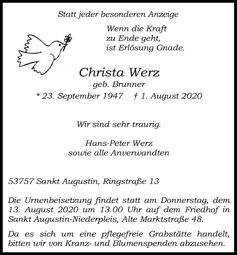  Traueranzeige für Christa Werz vom 08.08.2020 aus Kölner Stadt-Anzeiger / Kölnische Rundschau / Express
