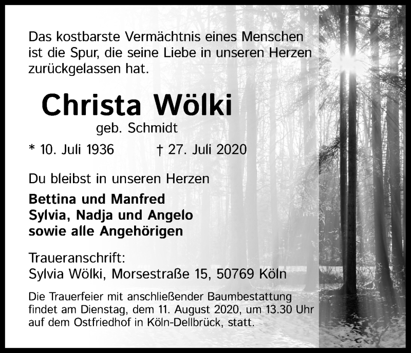  Traueranzeige für Christa Wölki vom 01.08.2020 aus Kölner Stadt-Anzeiger / Kölnische Rundschau / Express