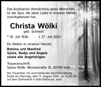 Anzeige von Christa Wölki von Kölner Stadt-Anzeiger / Kölnische Rundschau / Express
