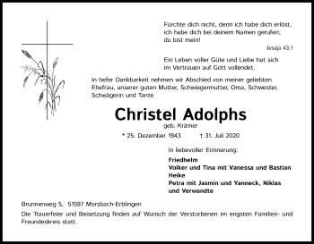 Anzeige von Christel Adolphs von Kölner Stadt-Anzeiger / Kölnische Rundschau / Express