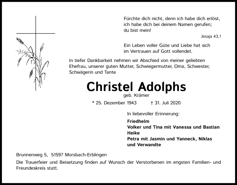  Traueranzeige für Christel Adolphs vom 04.08.2020 aus Kölner Stadt-Anzeiger / Kölnische Rundschau / Express
